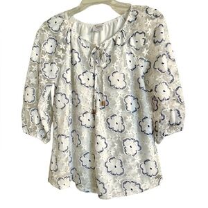 Sirenlily Women’s Blouse White Blue Floral PS